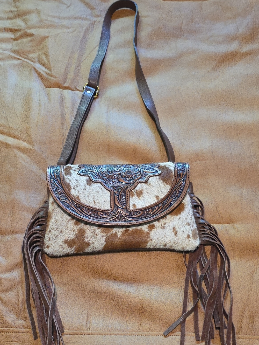 Western Fringe Cowhide Crossbody Bag in Brown and Cream